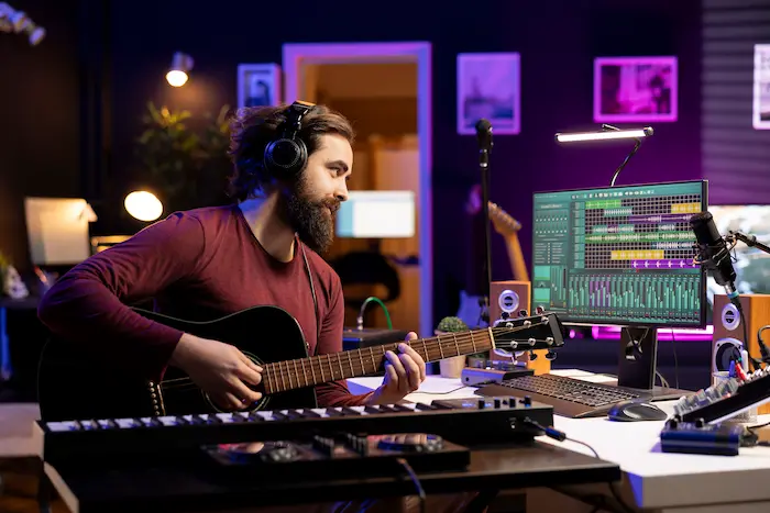 music-engineer-playing-new-tunes-acoustic-guitar-recording
